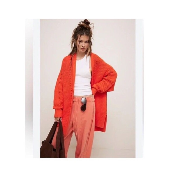 NWT Free People Nightingale Cotton Cardigan in Mandarine Red Size XL - Picture 2 of 5
